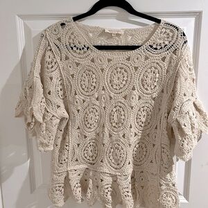 NWOT Solitaire Beautiful Crochet Top with Scalloped and Ruffled  Sleeves & Hem